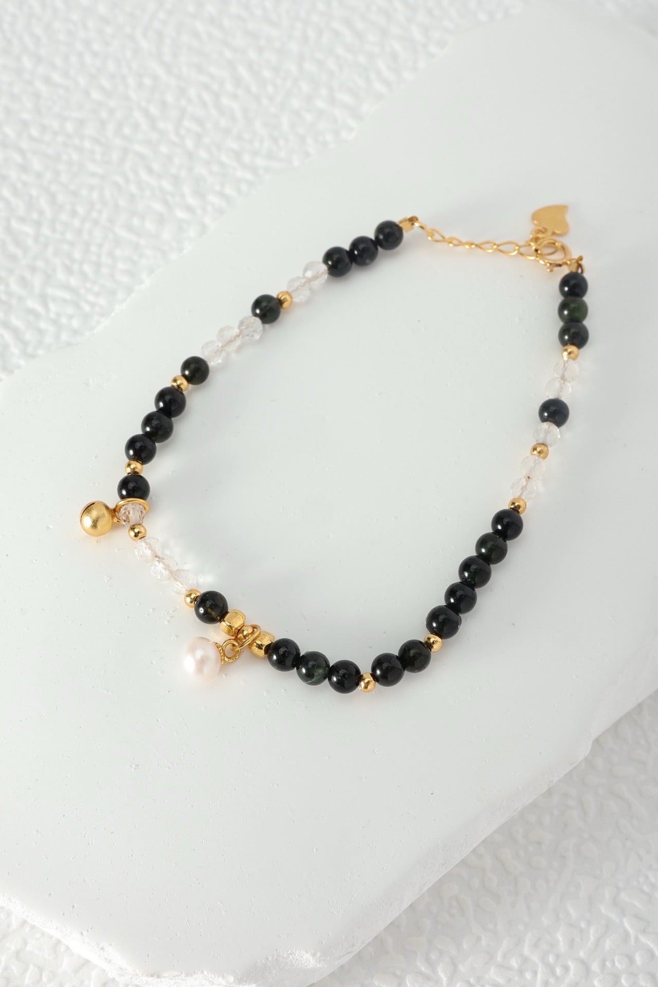 Woman’s Black Tourmaline (Translucent Green) & White Crystal Pearl Bracelet