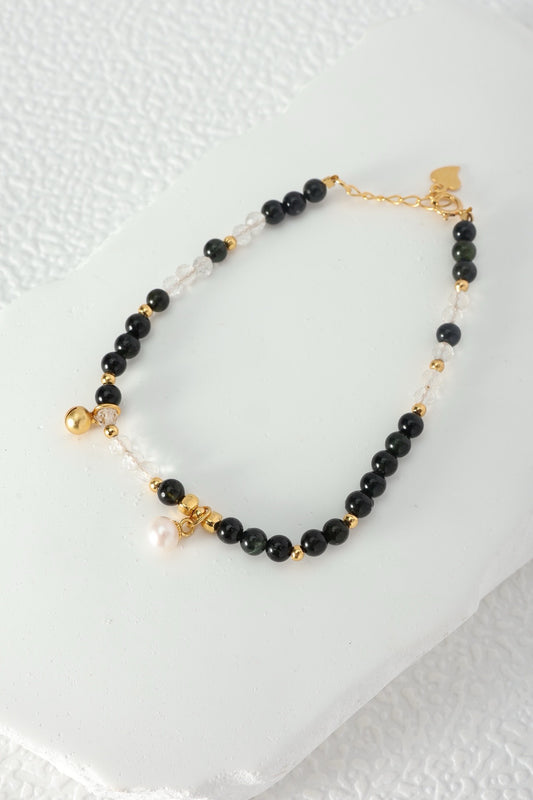 Woman’s Black Tourmaline (Translucent Green) & White Crystal Pearl Bracelet
