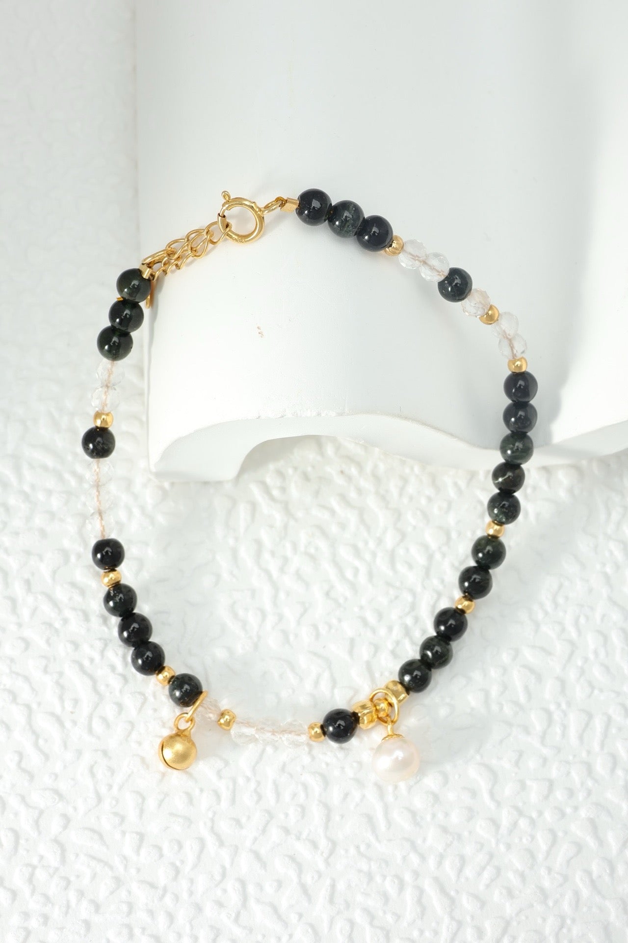 Woman’s Black Tourmaline (Translucent Green) & White Crystal Pearl Bracelet