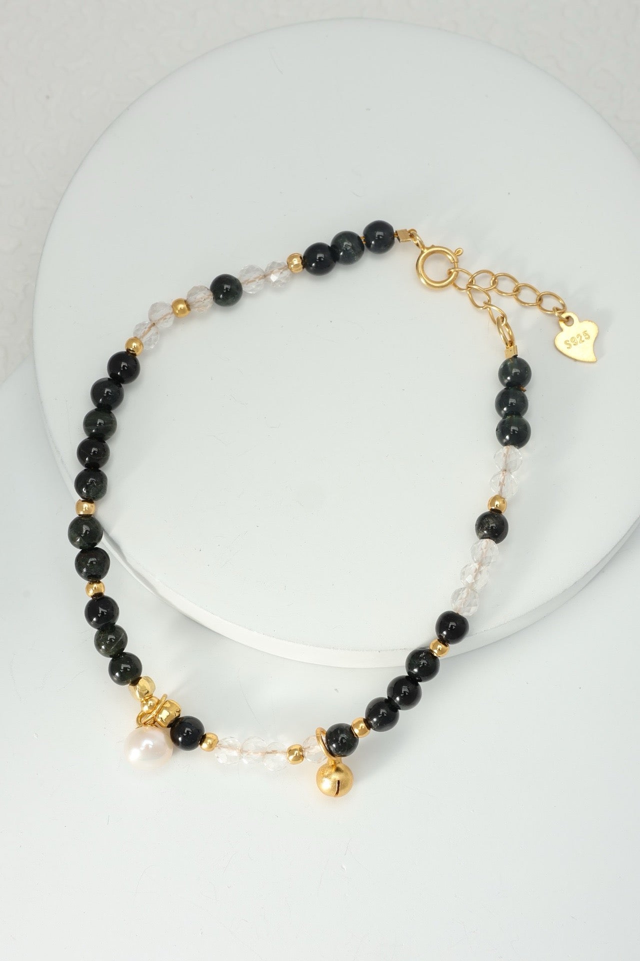 Woman’s Black Tourmaline (Translucent Green) & White Crystal Pearl Bracelet