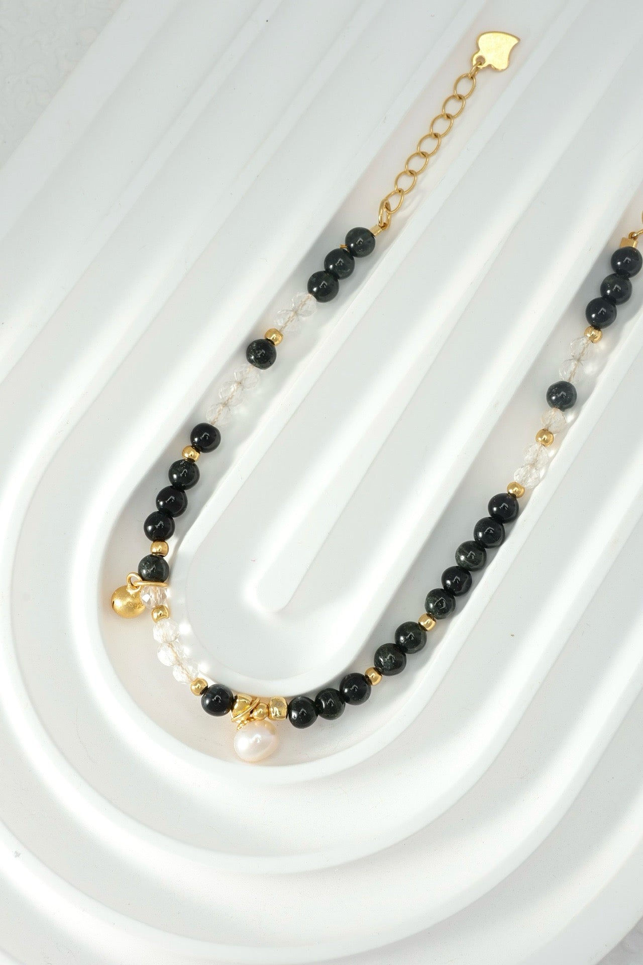 Woman’s Black Tourmaline (Translucent Green) & White Crystal Pearl Bracelet