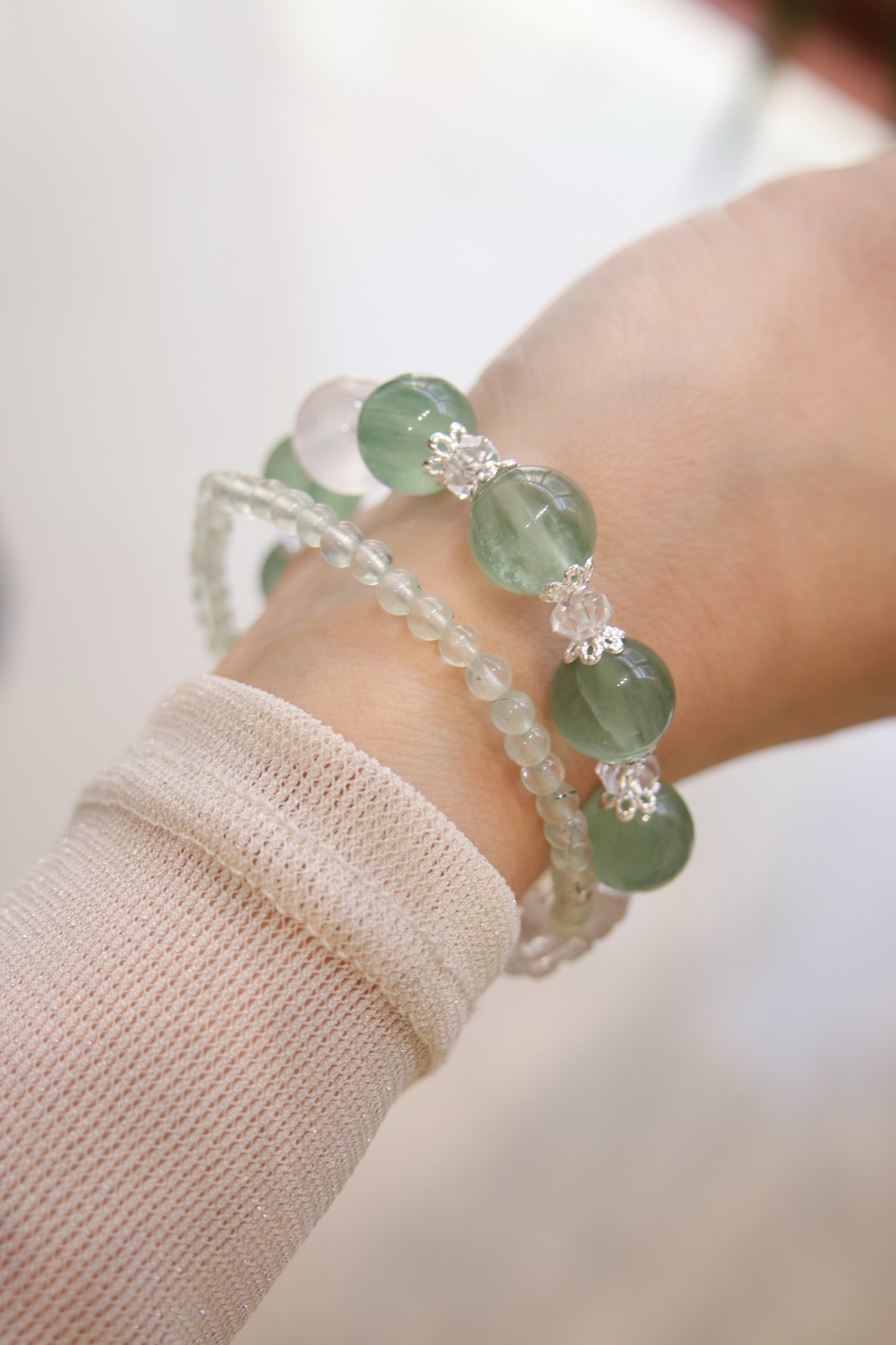 **Textured Green Fluorite, Prehnite & White Crystal Bracelet
