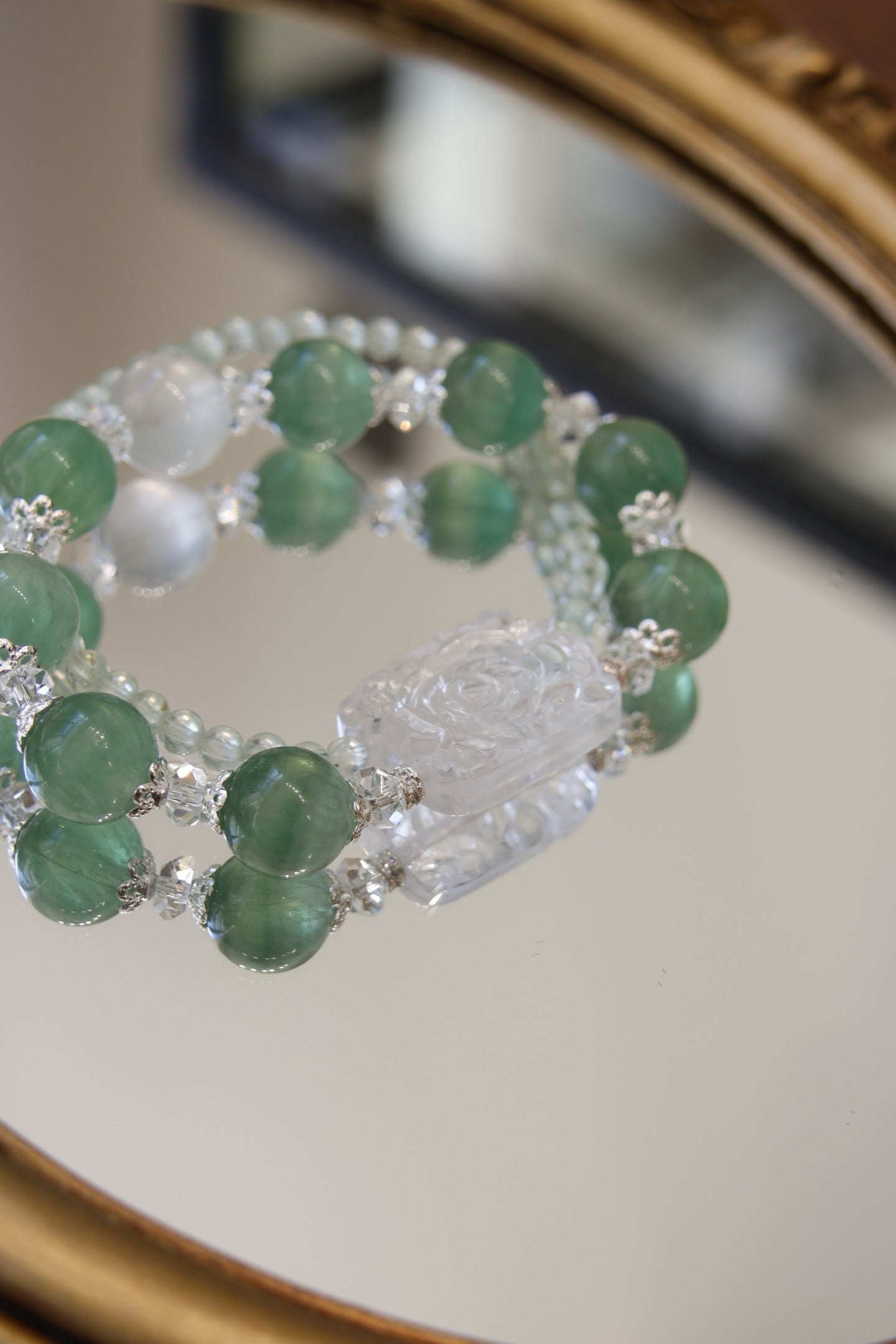 **Textured Green Fluorite, Prehnite & White Crystal Bracelet