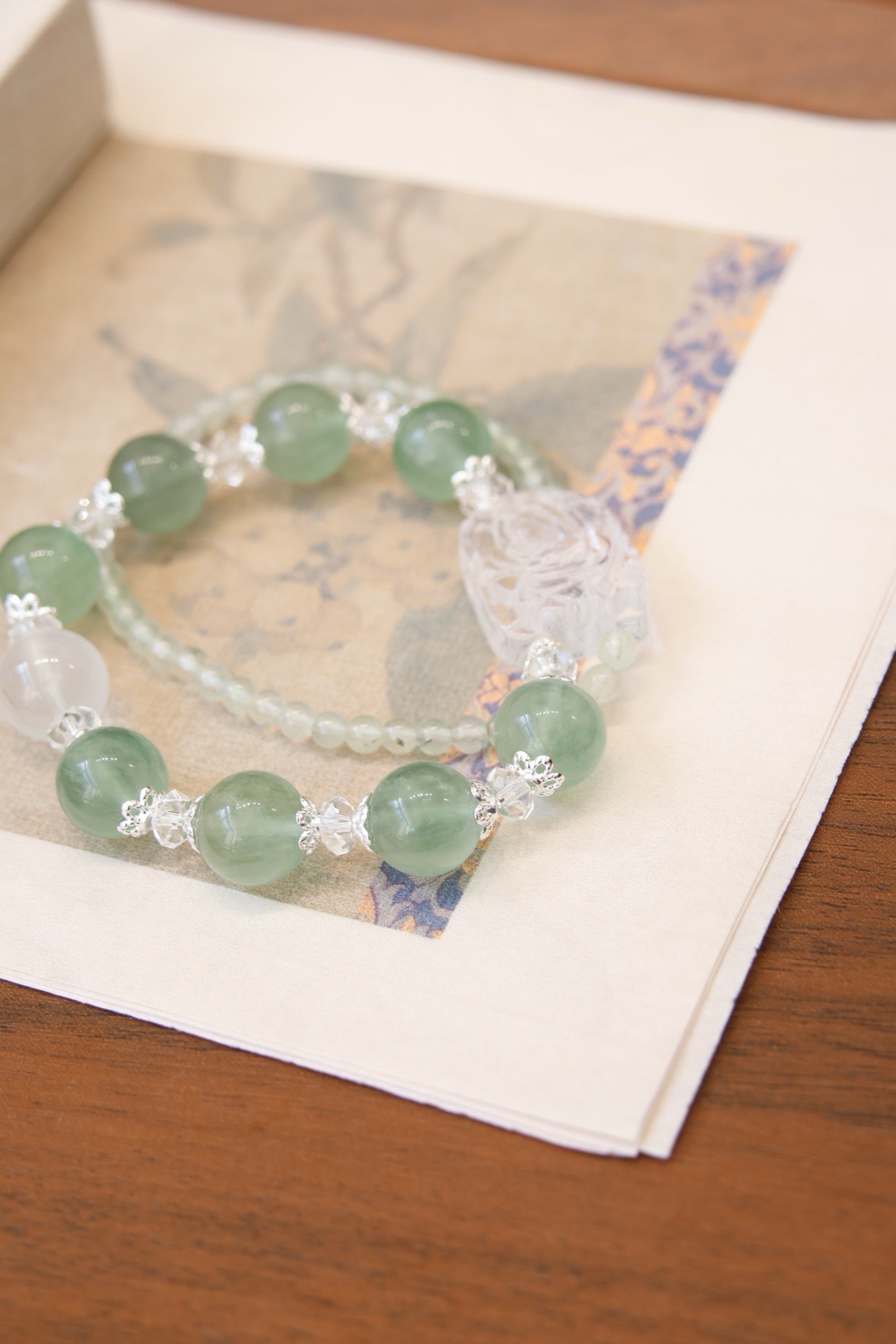 **Textured Green Fluorite, Prehnite & White Crystal Bracelet