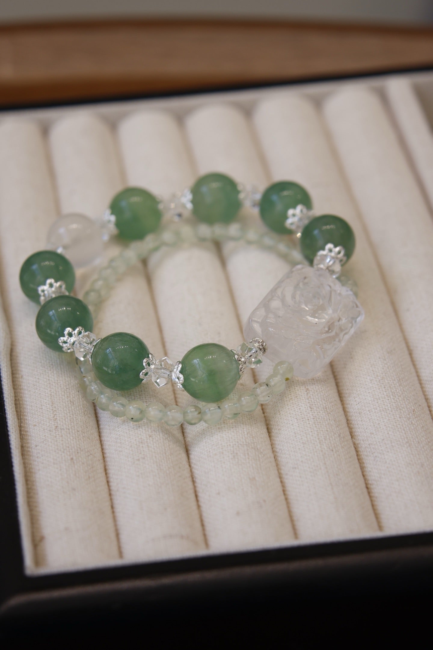 **Textured Green Fluorite, Prehnite & White Crystal Bracelet