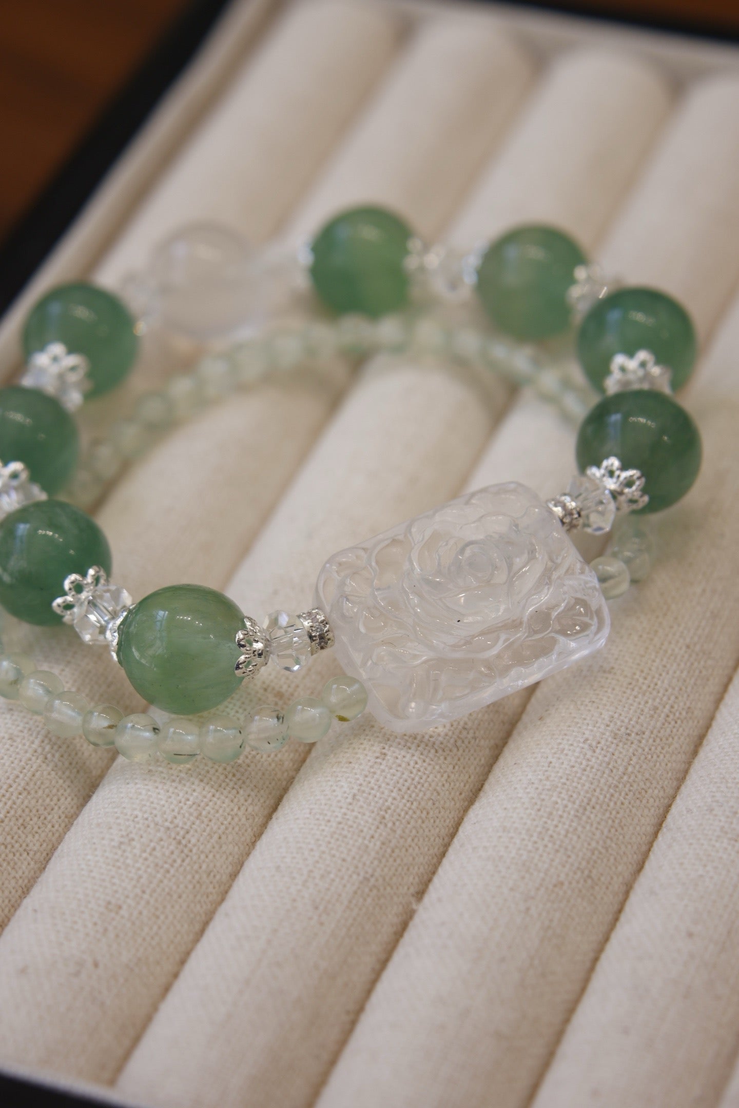 **Textured Green Fluorite, Prehnite & White Crystal Bracelet