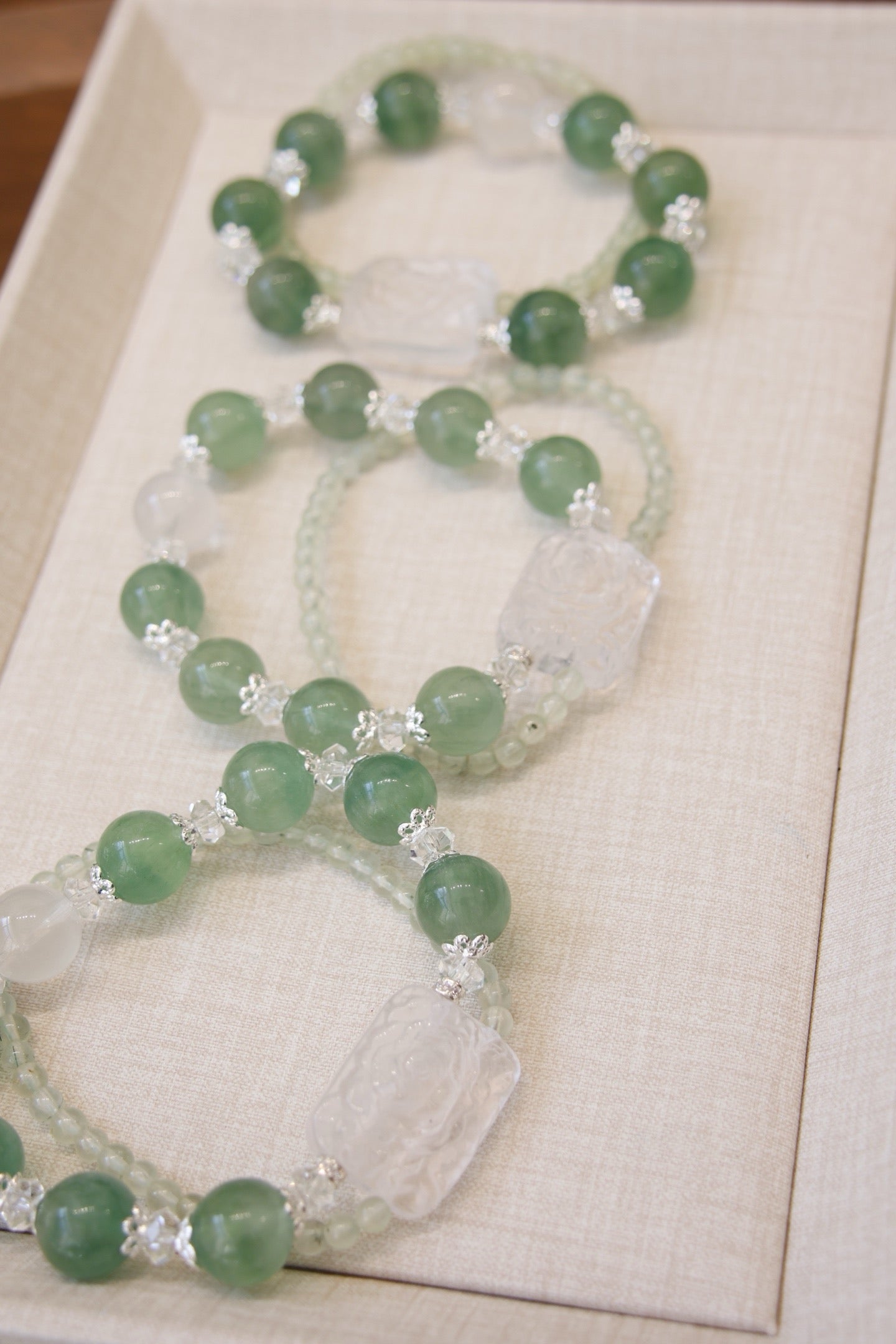 **Textured Green Fluorite, Prehnite & White Crystal Bracelet