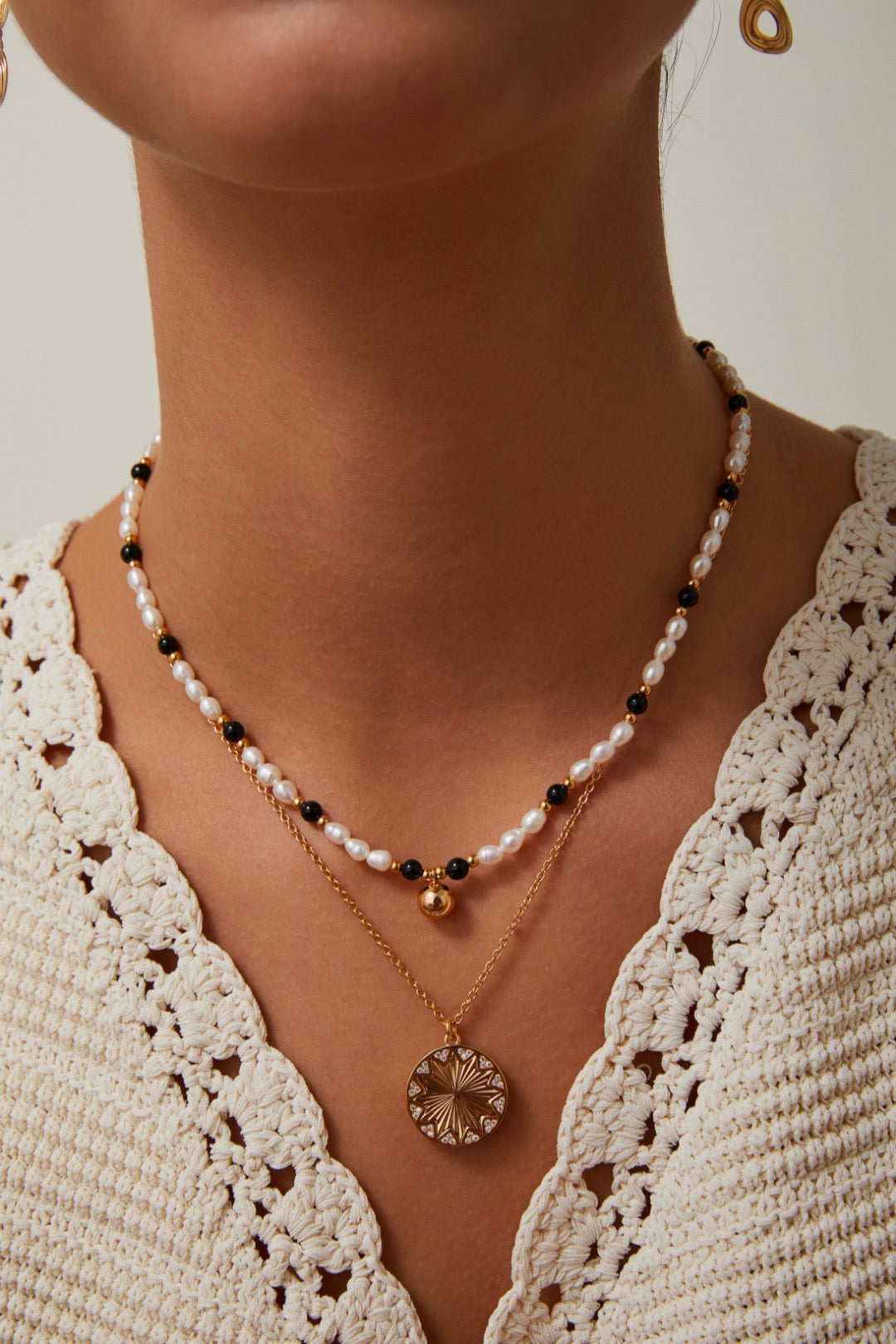 S925 Women’s Sterling Silver Round Bead Necklace with Black Onyx and Pearls