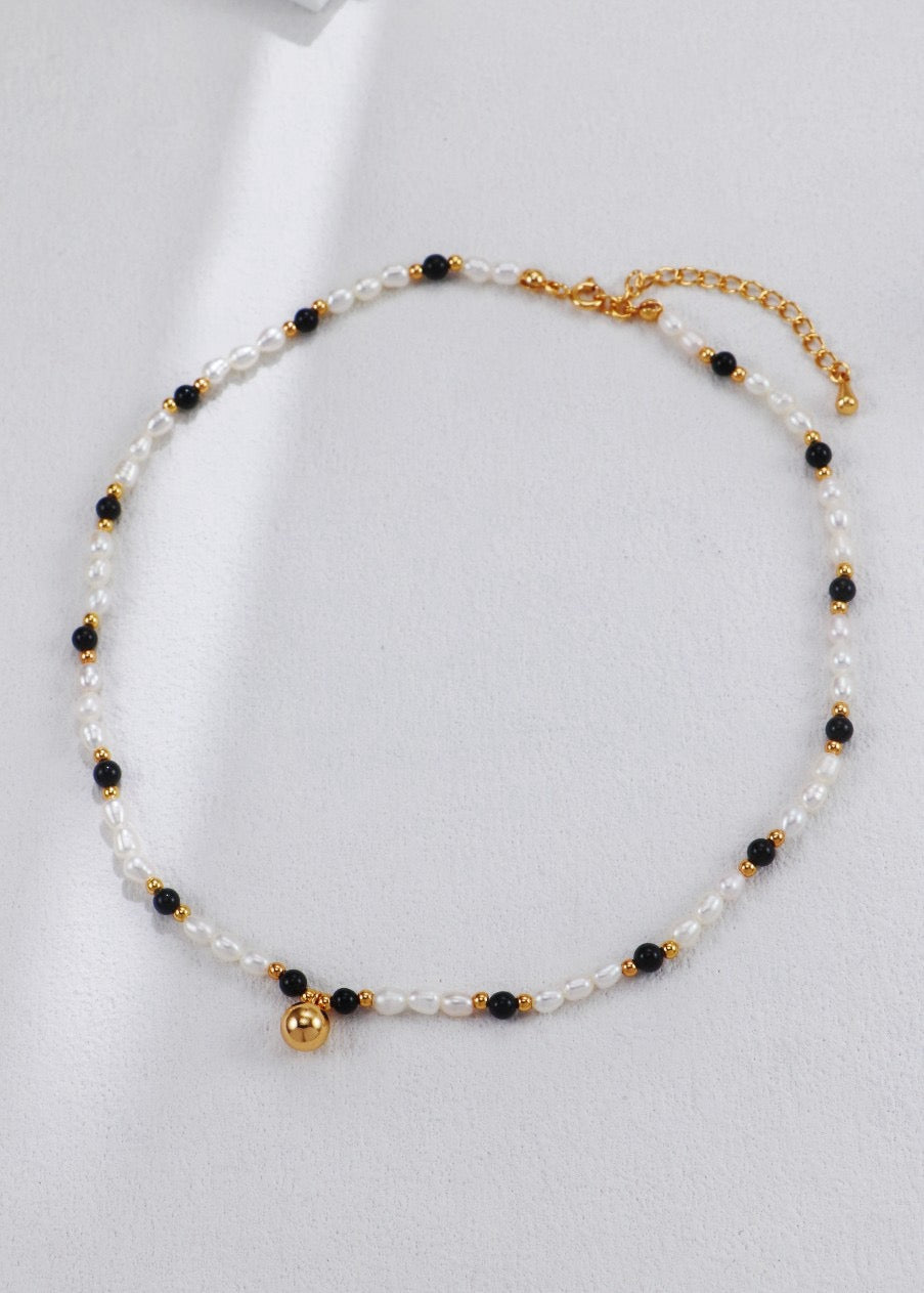 S925 Women’s Sterling Silver Round Bead Necklace with Black Onyx and Pearls