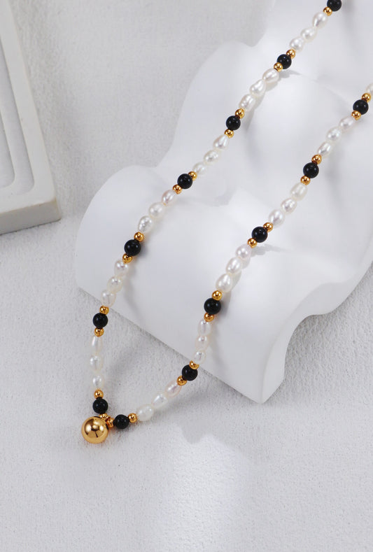 S925 Women’s Sterling Silver Round Bead Necklace with Black Onyx and Pearls